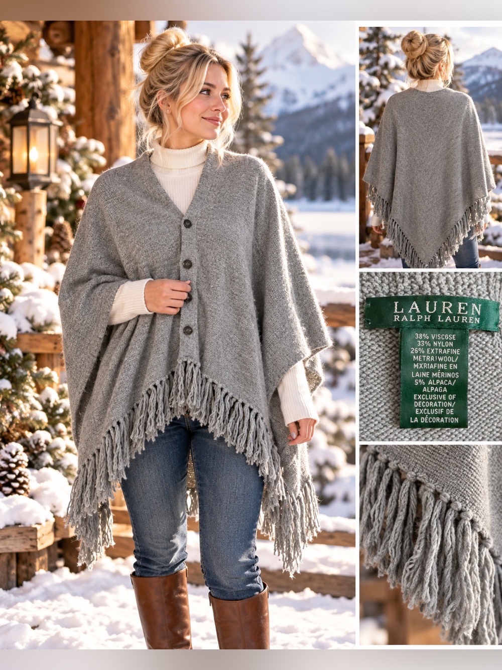 NWOT - Lauren Ralph Lauren - Light Gray Fringe Button Poncho
